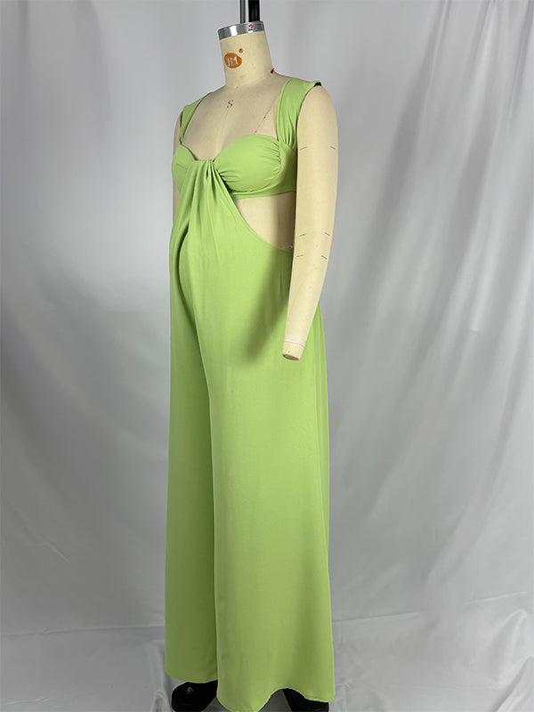 Green Cut Out Backless Wide Leg Vacation Maternity Jumpsuit Outfit