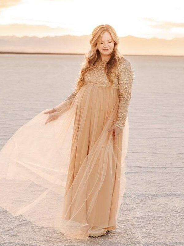 Momsmood Champion Sequin Tulle Splicing Long Sleeve Party Gown Photoshoot Maternity Baby Shower Maxi Dress