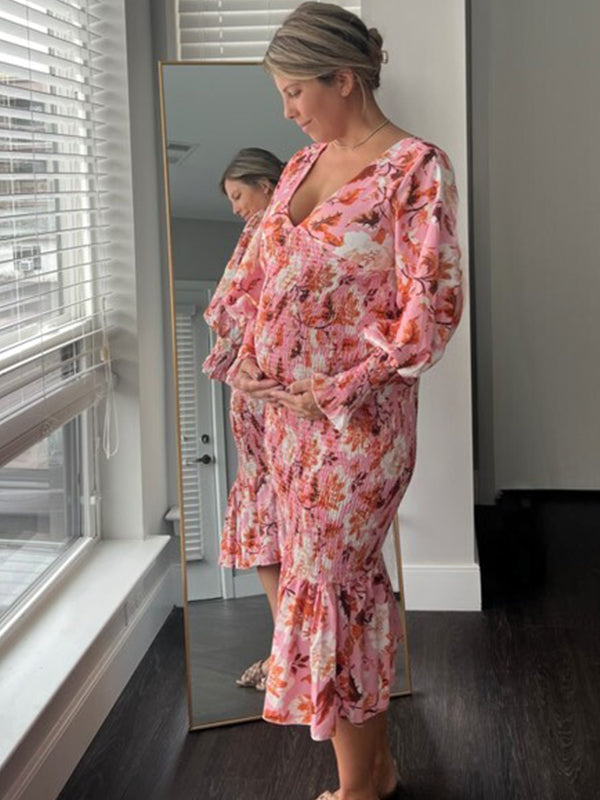 Momsmood Pink Floral Smocked Mermaid Deep V-neck Lantern Sleeve Elegant Cocktail Party Maternity Photoshoot Baby Shower Maxi Dress
