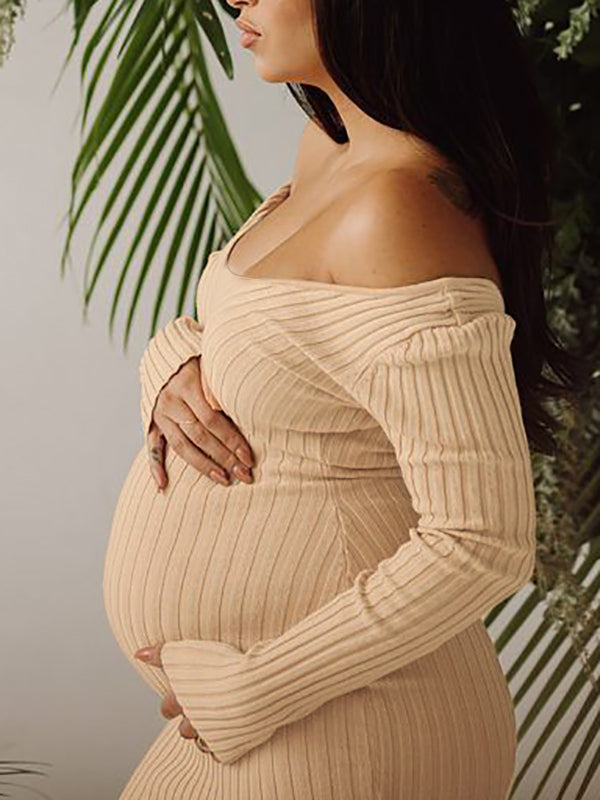 Momsmood Apricot Off Shoulder Boat Neck Elegant Long Sleeve Baby Shower Maternity Photoshoot Sweater Dress