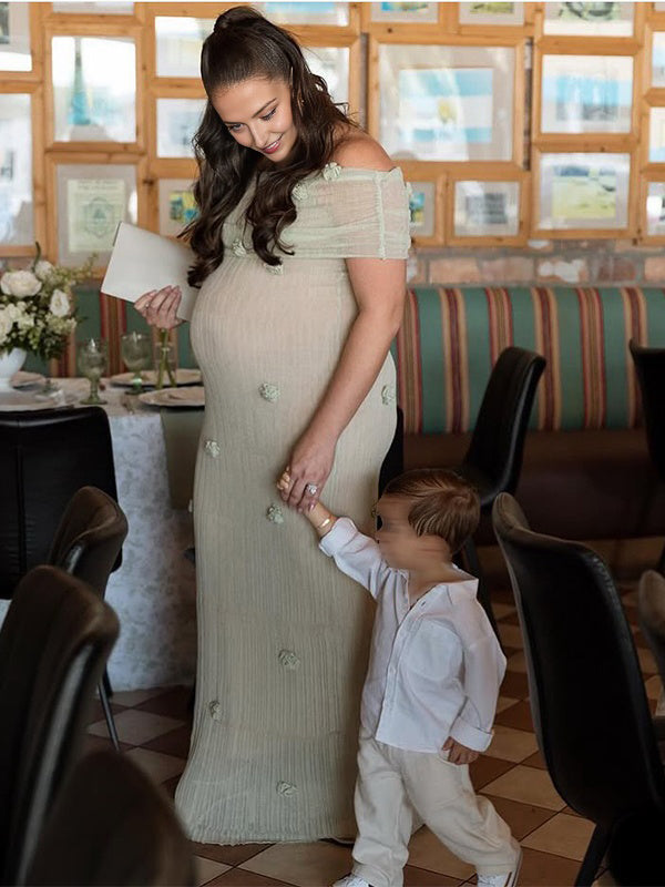 Momsmood Matcha 3D Flowers Off Shoulder Plus Size Baby Shower Maternity Maxi Dress
