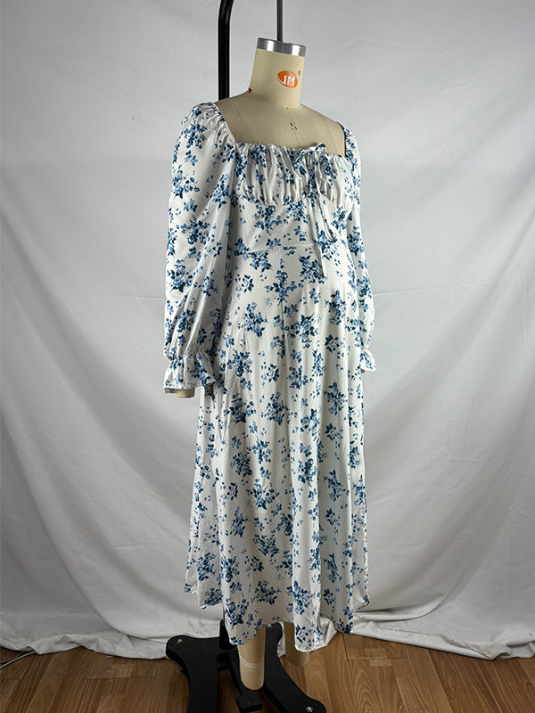 Momsmood White And Blue Flowers Side Slit Cross Lace Up Lantern Sleeve Gendeer Reveal Baby Boy Shower Maternity Maxi Dress