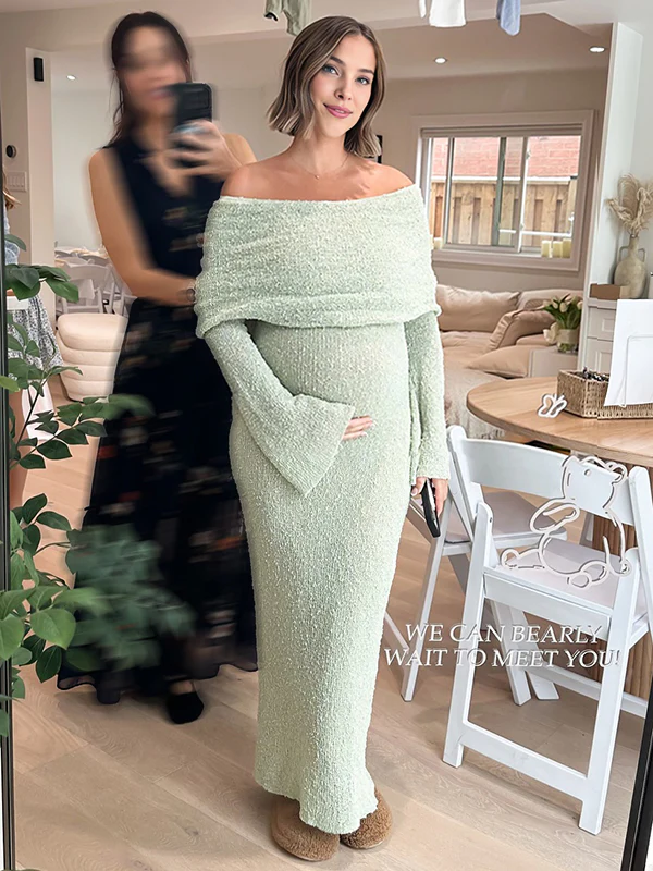 Momsmood Green Knit Off Shoulder Flare Sleeve Bodycon Elegant Going Out Maternity Photoshoot Maxi Sweater Dress