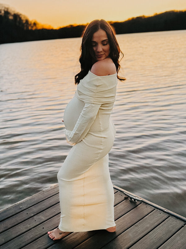 Momsmood Yellow Knit Off Shoulder Flare Sleeve Mermaid Bodycon Elegant Vacation Photoshoot Baby Shower Maternity Maxi Dress