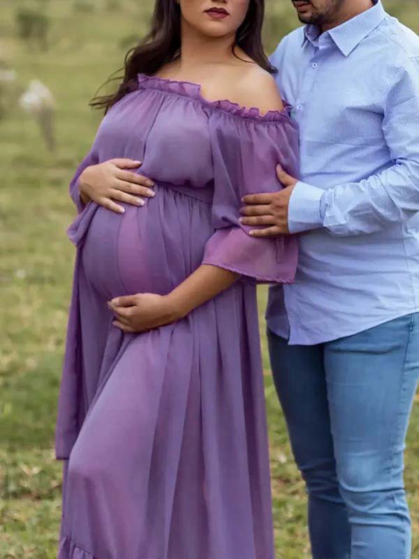 Momsmood Purple Chiffon Flowy Off Shoulder Belt Ruffle Falbala Big Swing Boho Beach Vacation Maternity Photoshoot Baby Shower Maxi Dress