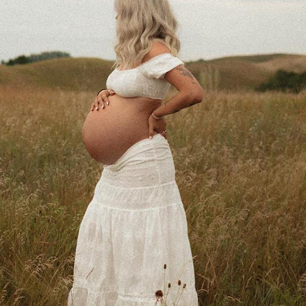 Momsmood White 2-in-1 Lace Cut Out Off Shoulder Tie Elegant Flowy Vacation Photoshoot Maternity Maxi Dress