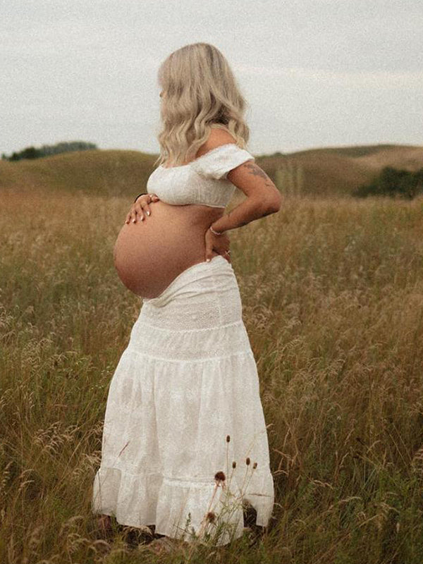 Momsmood White 2-in-1 Lace Cut Out Off Shoulder Tie Elegant Flowy Vacation Photoshoot Maternity Maxi Dress
