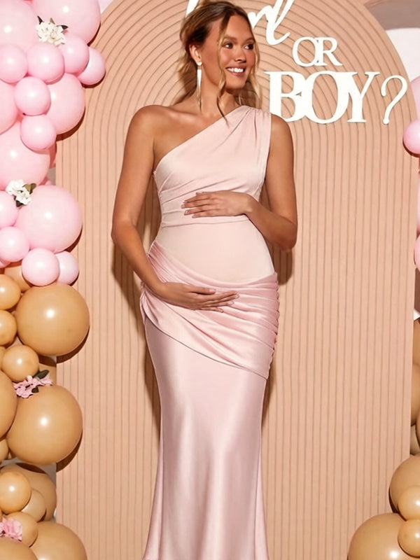 Momsmood Chic Off Shoulder Splicing Satin Mermaid Baby Shower Maternity Maxi Dress