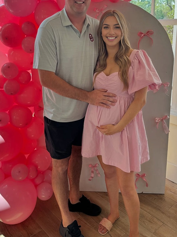Momsmood Pink U neck Ruched Puff Sleeve Banquet Party Baby Shower Maternity Photoshoot Mini Dress