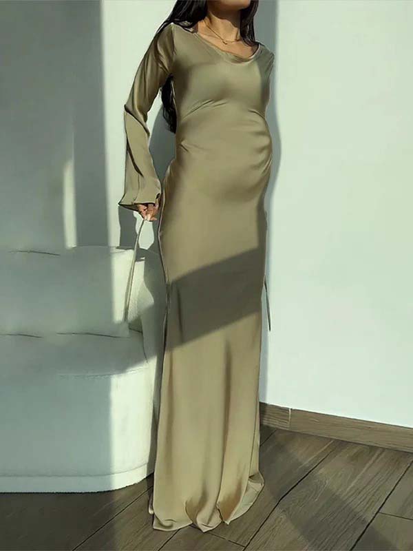 Momsmood Silk Back Tie Solid Color Flare Sleeve Elegant Photoshoot Baby Shower Maternity Maxi Dress