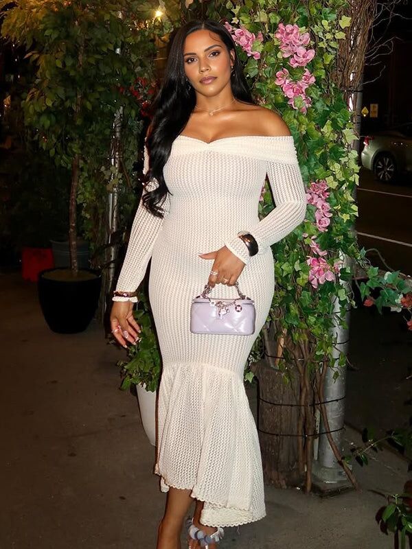 Momsmood Christmas Beige Crochet Lace Off Shoulder Ruffle Mermaid Maternity Maxi Dress