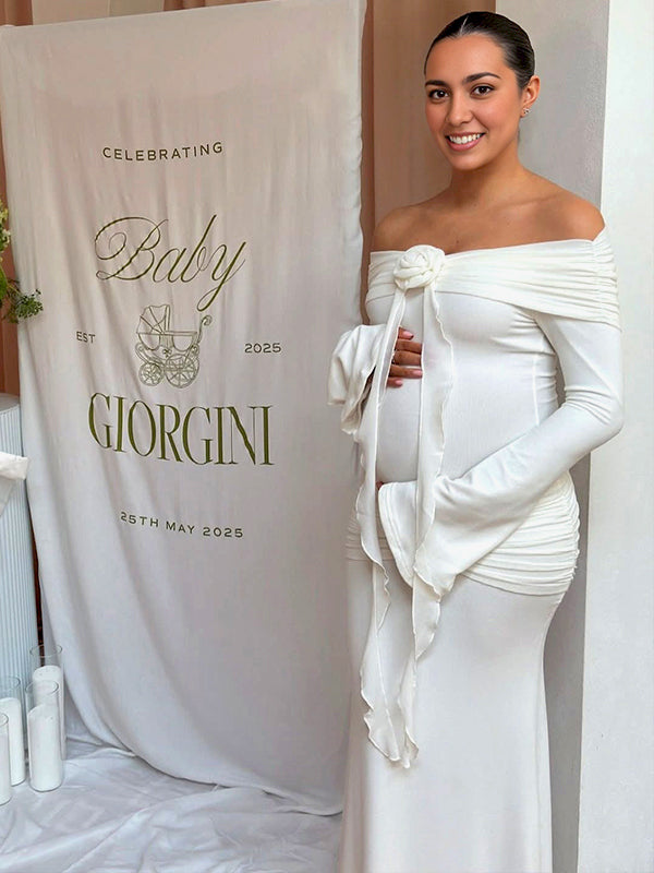 White Off Shoulder 3D Flower Maternity Baby Shower Maxi Dress