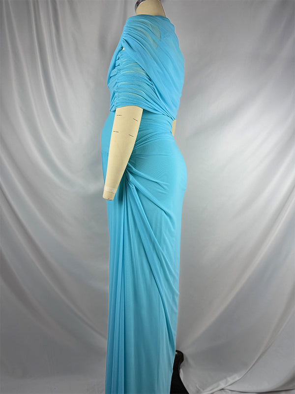 Light Blue Ruched Irregular Neck Baby Shower Maternity Maxi Dress