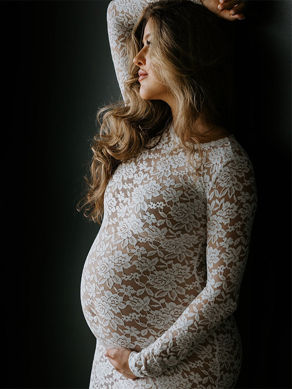 Momsmood White Lace Sheer Bodycon Elegant Cocktail Party Maternity Baby Shower Maxi Dress