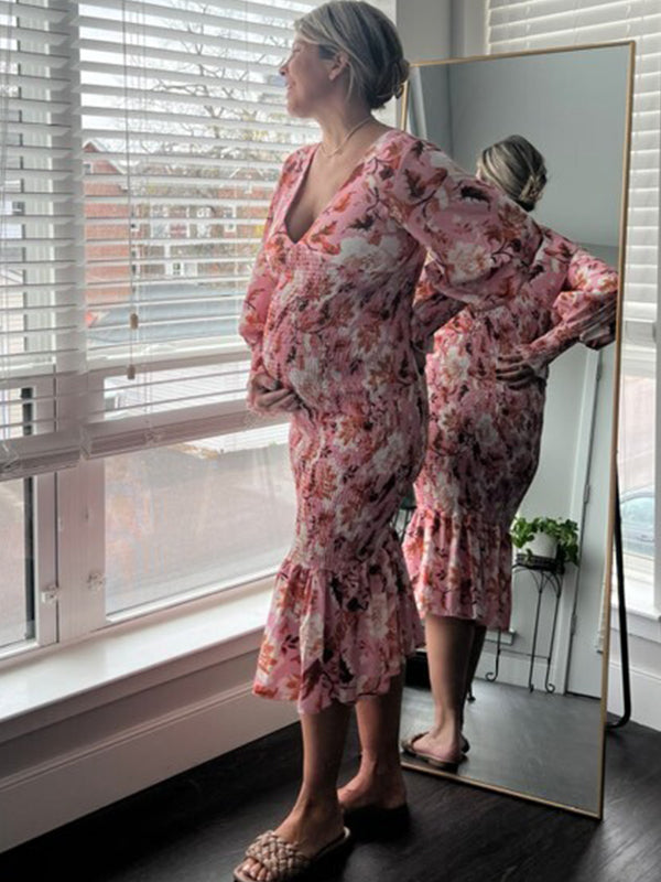 Momsmood Pink Floral Smocked Mermaid Deep V-neck Lantern Sleeve Elegant Cocktail Party Maternity Photoshoot Baby Shower Maxi Dress