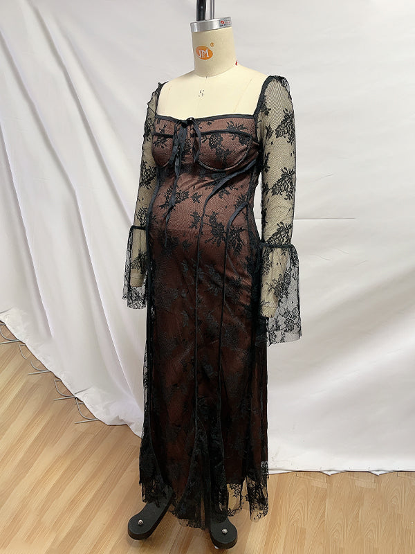 Momsmood Black Lace Bow Grenadine Flare Sleeve Mermaid Back Lace Up Photoshoot Baby Shower Maternity Maxi Dress