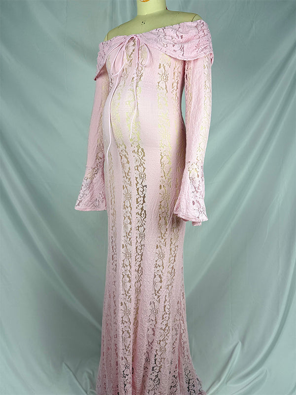 Momsmood Pink Off Shoulder Lace Mermaid Photoshoot Maternity Maxi Dress