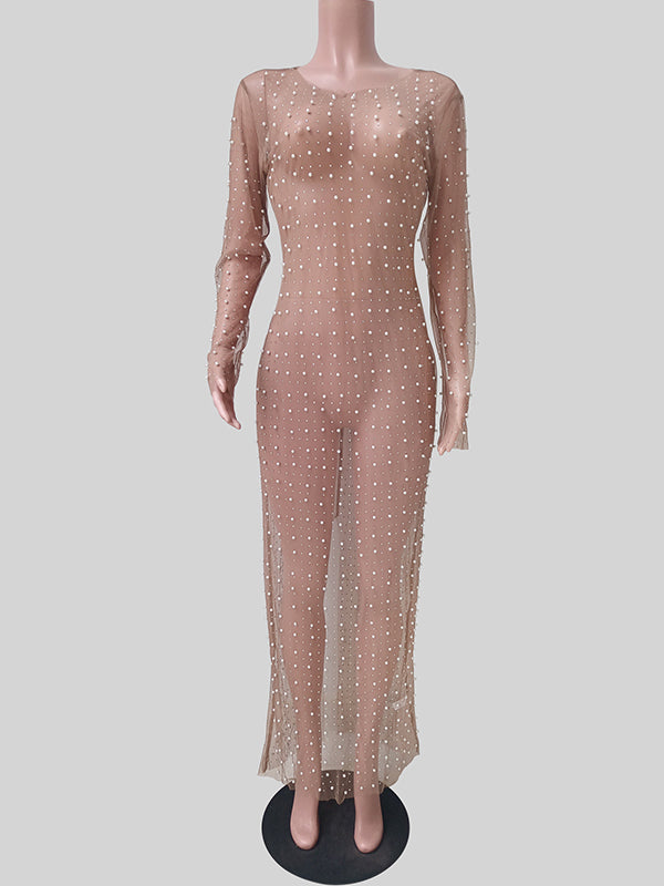 Momsmood Mesh Solid Color Beading Pearl Rhinestone Long Sleeve Cover-ups Side Slit Photoshoot Maternity Maxi Dress