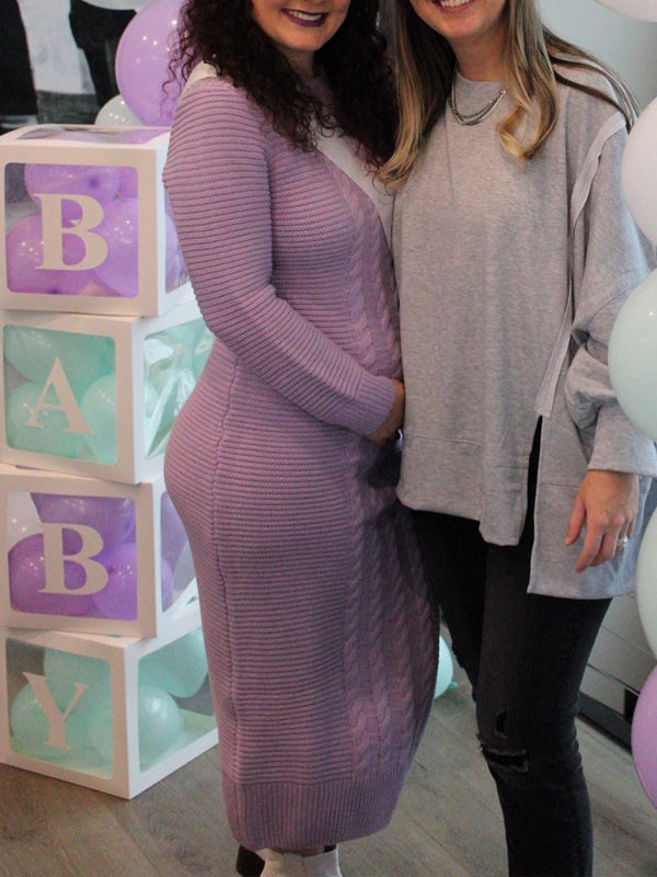 Momsmood Purple Round Neck Crochet Maternity Baby Shower Sweater Maxi Dress