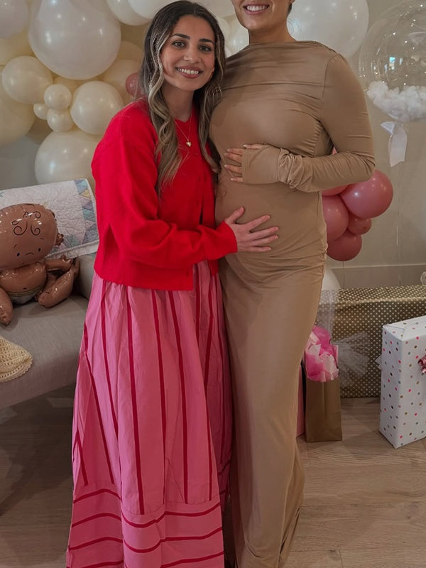 Momsmood Khaki Round Neck Ruched Bodycon Daily Going out Baby Shower Maternity Photoshoot Maxi Dress