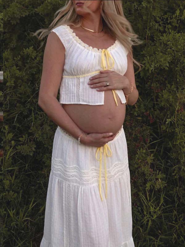White Lace Two Piece High Waisted Maternity Maxi DressRibbon Detail