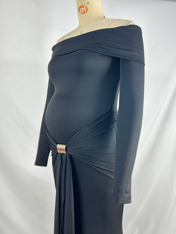 Momsmood Black Off Shoulder Draped Ruched Metal Buckle Bodycon Elegant Maternity Photoshoot Maxi Dress