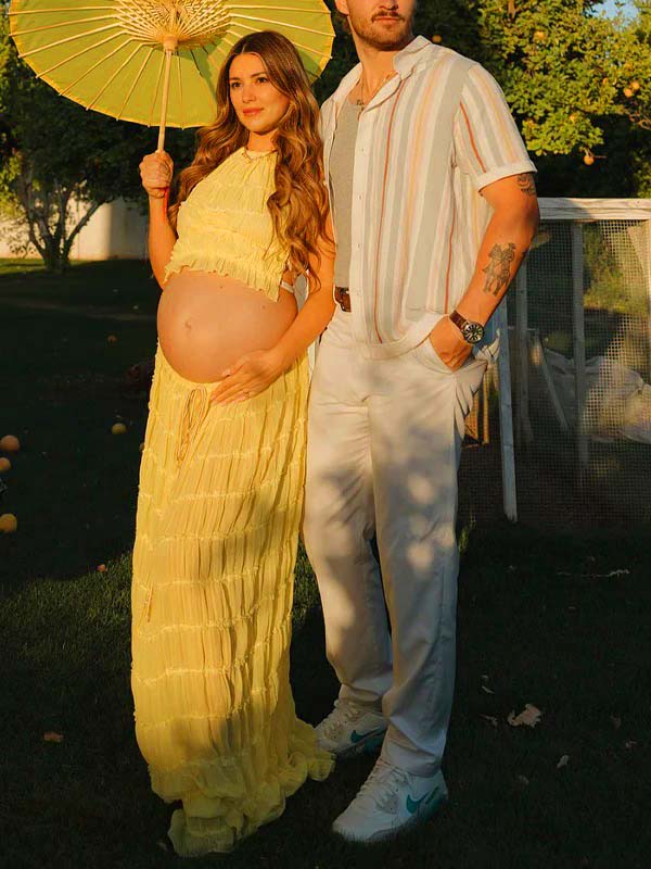 Yellow 2 Pieces Ruched Backless Ruffle Tie Photoshoot Maternity Maxi Dress