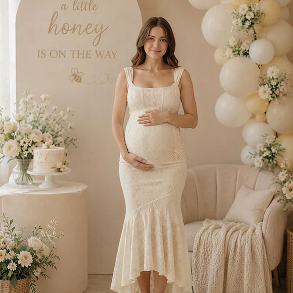 Beige Ruched Floral Irregular Mermaid Bodycon Maternity Maxi Dress