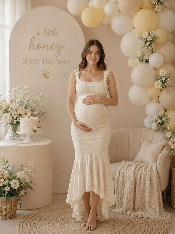 Beige Ruched Floral Irregular Mermaid Bodycon Maternity Maxi Dress
