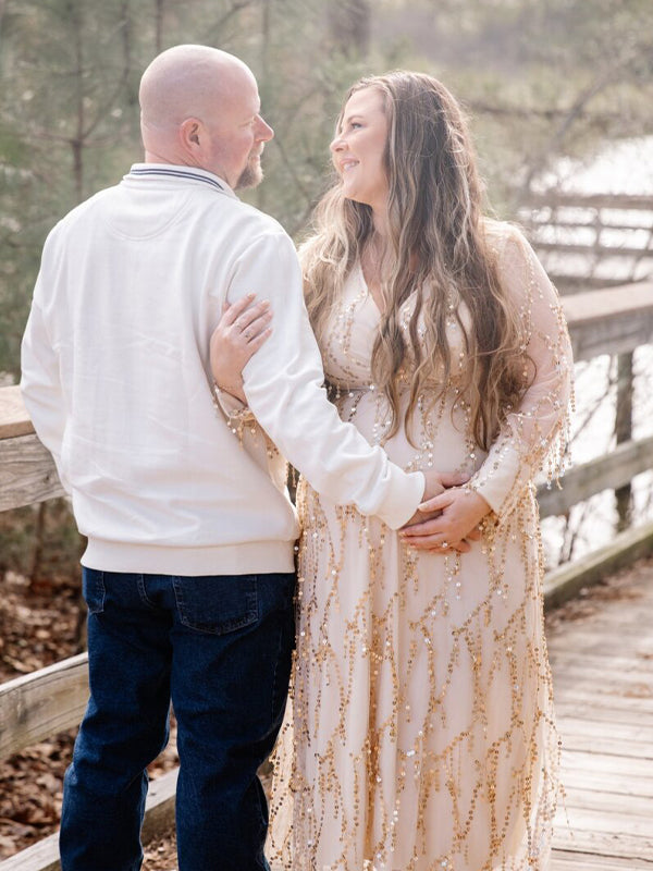 Momsmood Apricot Sequin Tassel Tulle Ruched Cross Chest Multi Way Tie Back V-neck Elegant Boho Photoshoot Maternity Maxi Dress