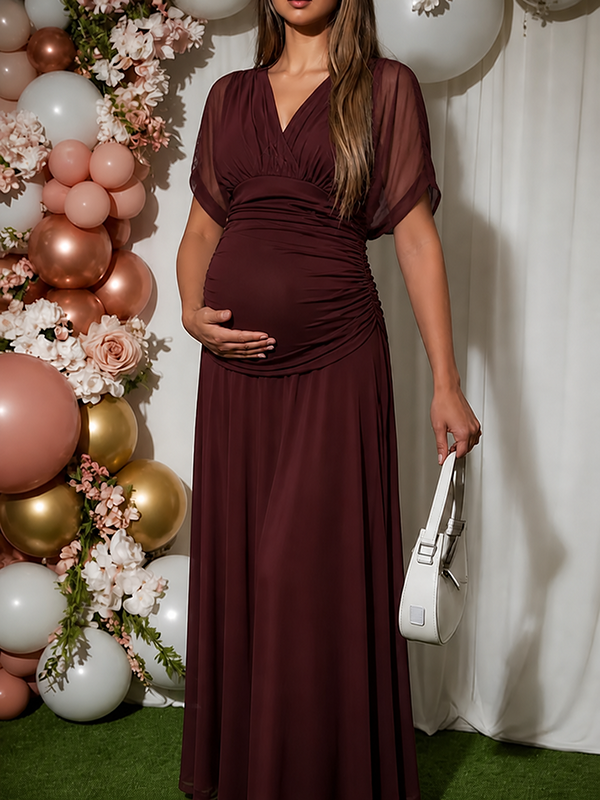 Off Shoulder Ruched Flowy Mesh Maternity Maxi Dress