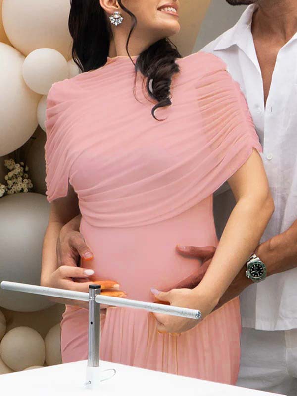 Light Blue Ruched Irregular Neck Baby Shower Maternity Maxi Dress