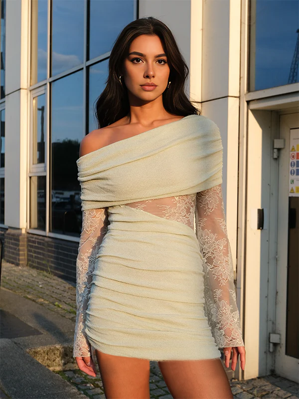 Momsmood One Shouler Lace Sheer Knit Baby Shower Maternity Mini Dress