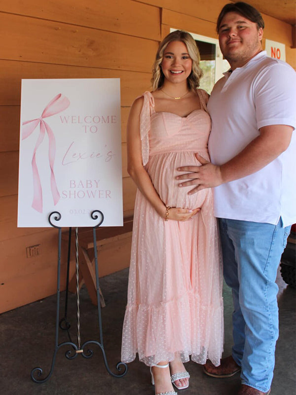 Momsmood Light Pink Polka Dot Bow Ruffle Falbala Tie-Shoulder A-line Tulle Princess Dress Elegant Maternity Photoshoot Baby Shower Maxi Dress