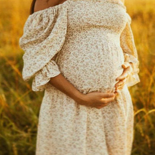 Momsmood White Ruffle Ruched High Waist Puff Sleeve Cute Photoshoot Maternity Maxi Dress