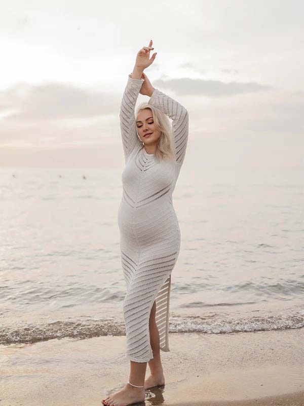 Momsmood Grey White Striped Cut Out Sheer Bodycon Elegant Photoshoot Baby Shower Maternity Maxi Dress