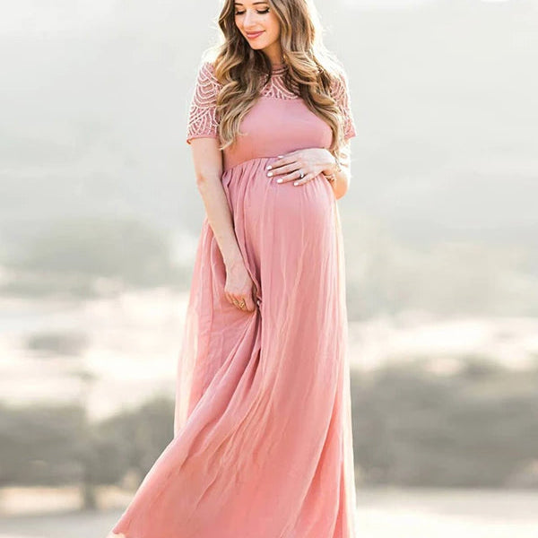 Momsmood Maternity Patchwork Lace Beading Pleated Elegant Baby Shower Photoshoot Smocked Maxi Dress