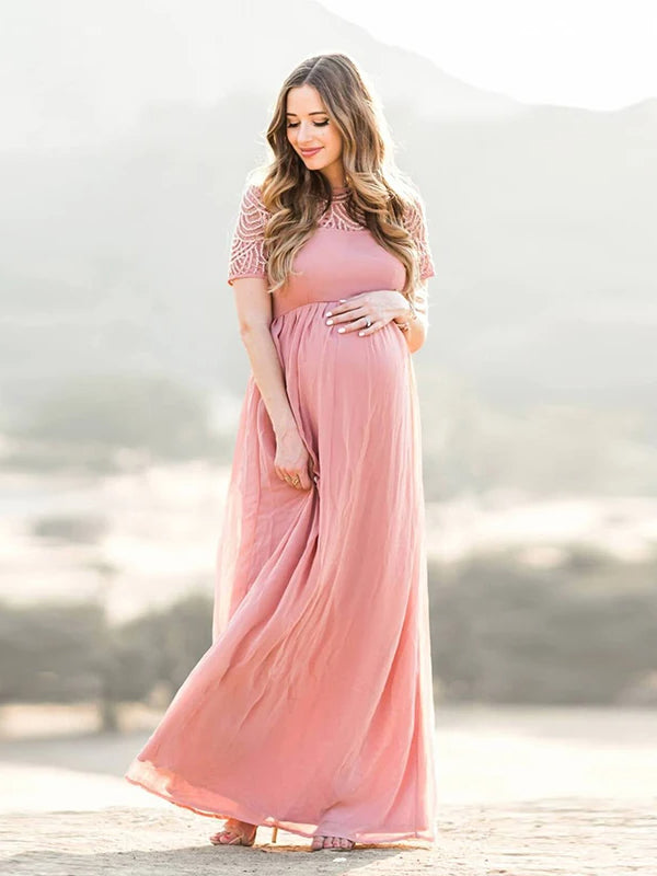 Momsmood Maternity Patchwork Lace Beading Pleated Elegant Baby Shower Photoshoot Smocked Maxi Dress