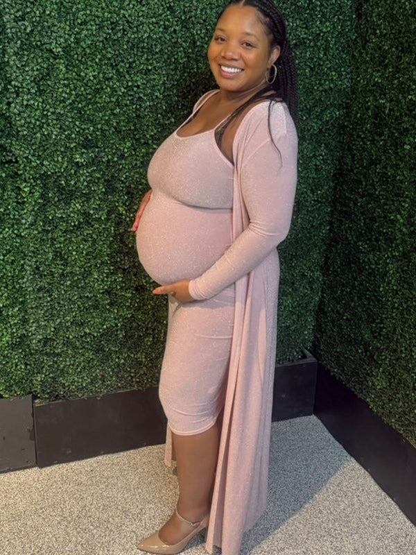 Momsmood Maternity Two Piece Glitter Pink 2-in-1 Bodycon Elegant Baby Shower Work Midi Dress