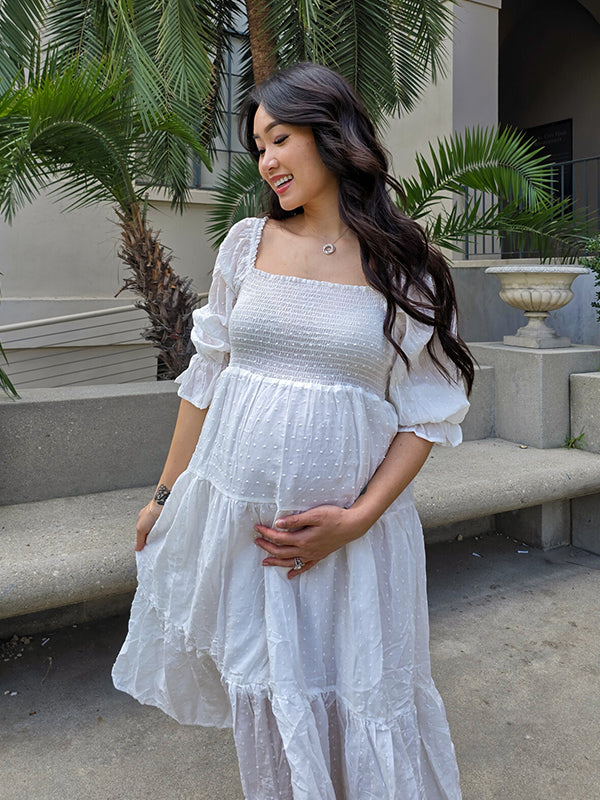 Momsmood White Off Shoulder Ruffle Shirred Boat Neck Puff Sleeve Bow Bohemian Ivory Maternity Dress