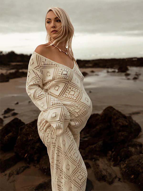 Apricot Cut Out Sheer Knit Photoshoot Maternity Maxi Dress