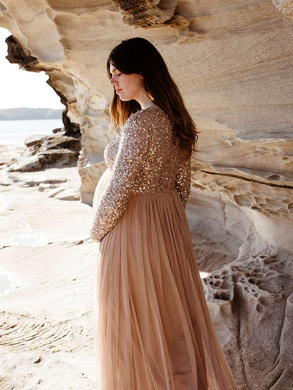 Momsmood Champion Sequin Tulle Splicing Long Sleeve Party Gown Photoshoot Maternity Baby Shower Maxi Dress
