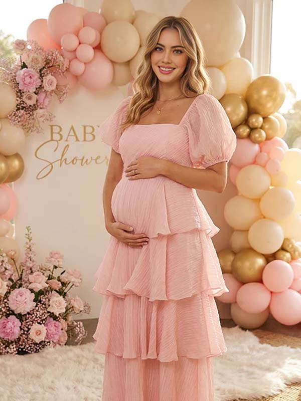 Romantic Tiered Ruffle Square Neck Puff Sleeve Maternity Maxi Dress