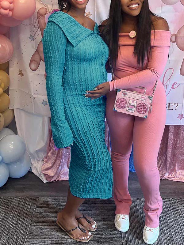 Momsmood Off Shoulder Single Breasted Mesh Wavy Ruffle Front Slit Bodycon Elegant Going Out Maternity Baby Shower Maxi Dress