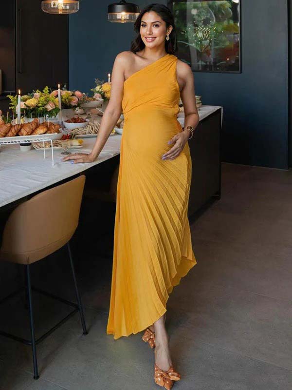 Momsmood Yellow Pleated Cut Out One Shoulder Big Swing Plus Size Elegant Maternity Maxi Dress