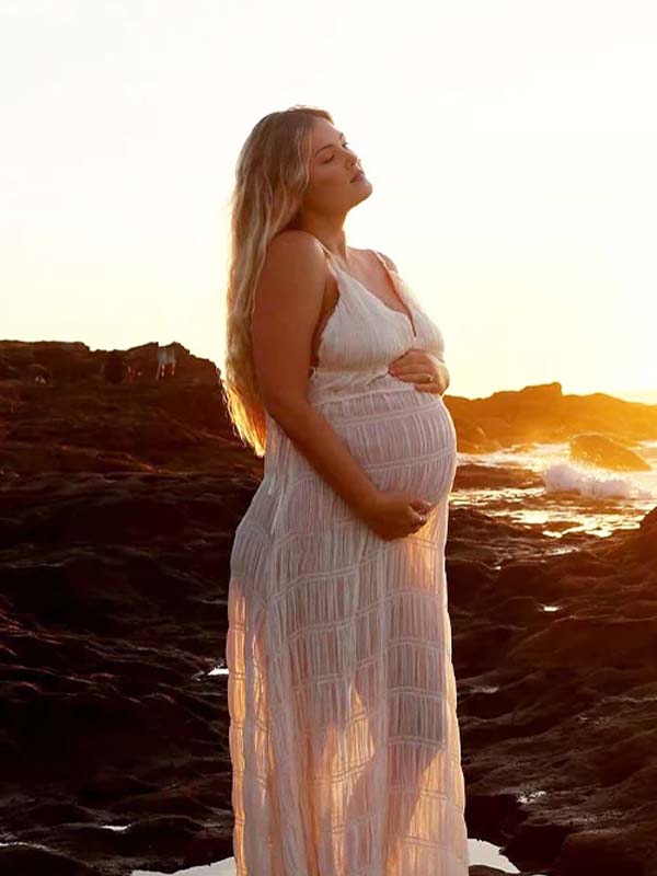 Momsmood Smocked Tie Grenadine V-neck Boho Photoshoot Maternity Maxi Dress