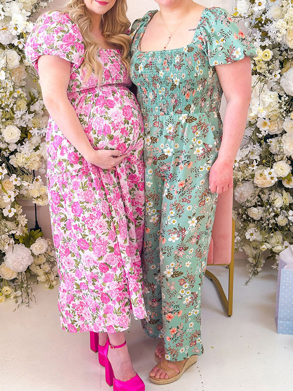 Pink Smoked Stamp Duty Plus Size Maternity Baby Shower Maxi Dress