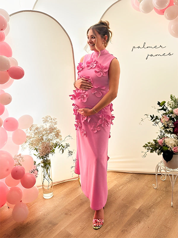 Momsmood 3D Flowers Band Neck Back Bow Photoshoot Baby Shower Maternity Maxi Dress