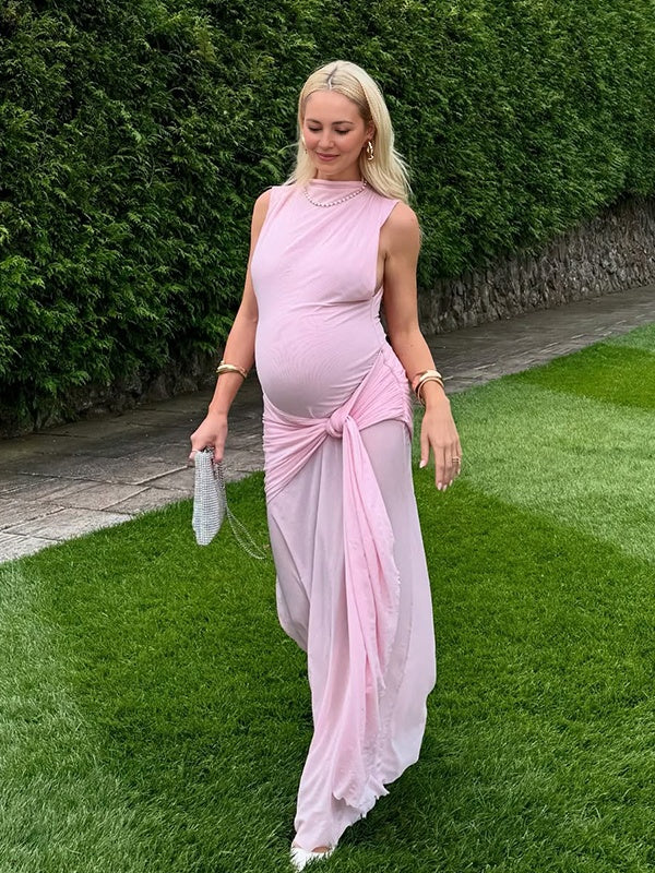 Momsmood Pink Lace-up Pennant Grenadine Banquet Party Baby Shower Maternity Photoshoot Maxi Dress