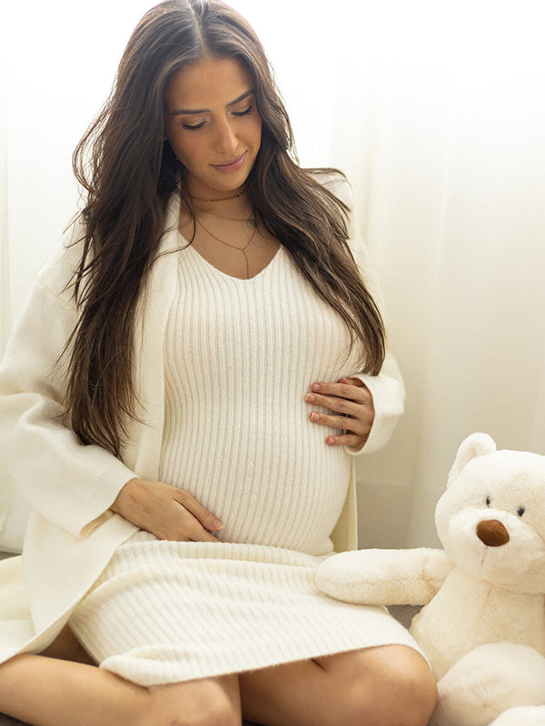 Momsmood White Knitting  V-Neck Bodycon Two Pieces Cardigan Elegant Baby Shower Maternity Maxi Sweater Dress